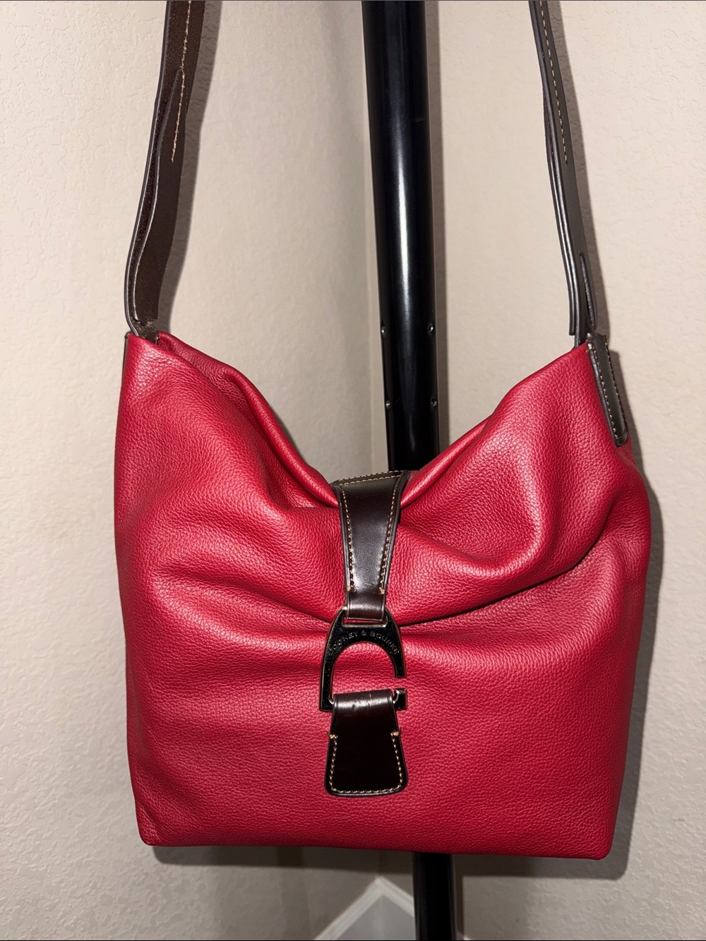 Dooney & Bourke Red Shoulder Emerson Bag with Dark Brown Trim